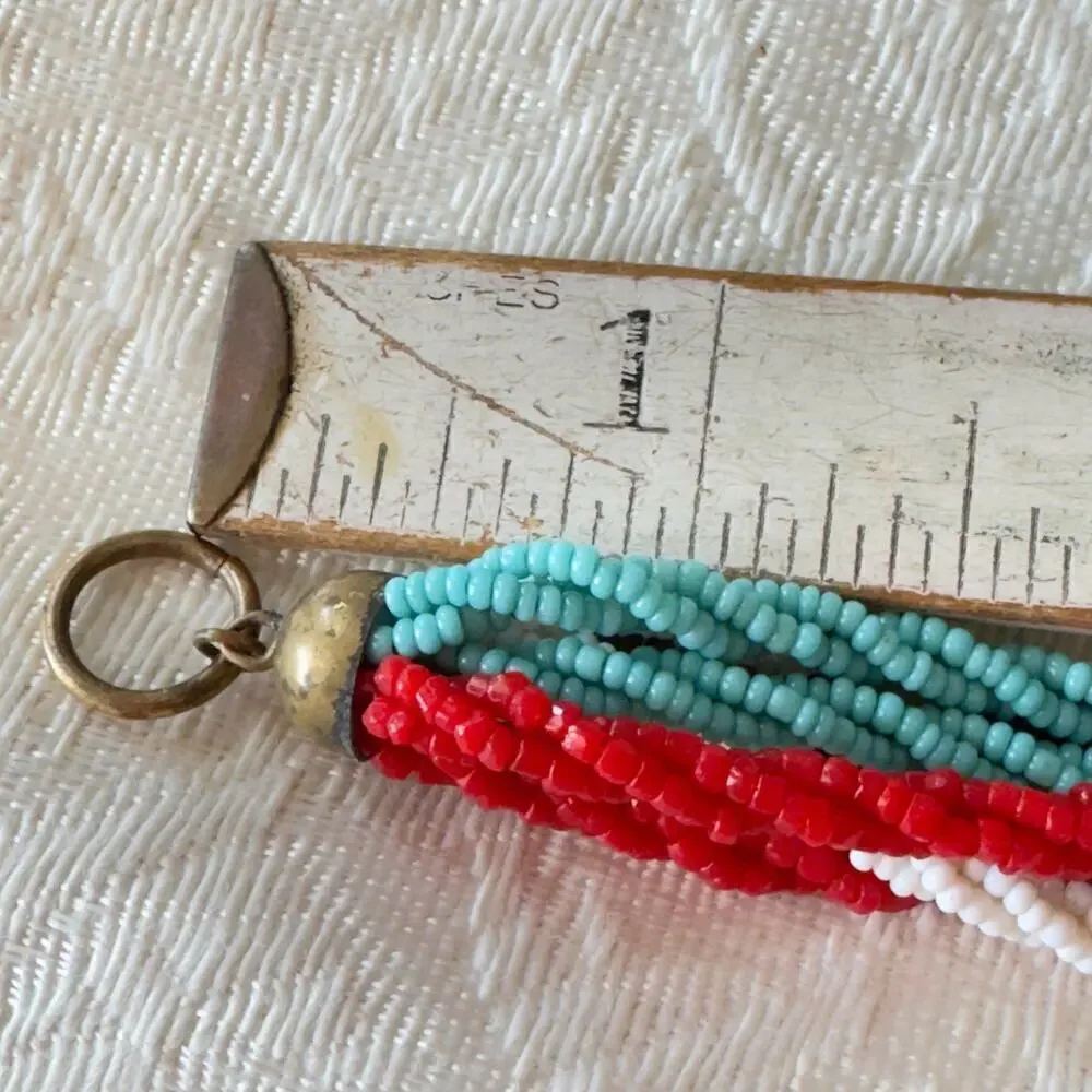 16” Vintage Glass Micro Seed Bead Necklace Multi Red Blue White Gray 1940s-60s
